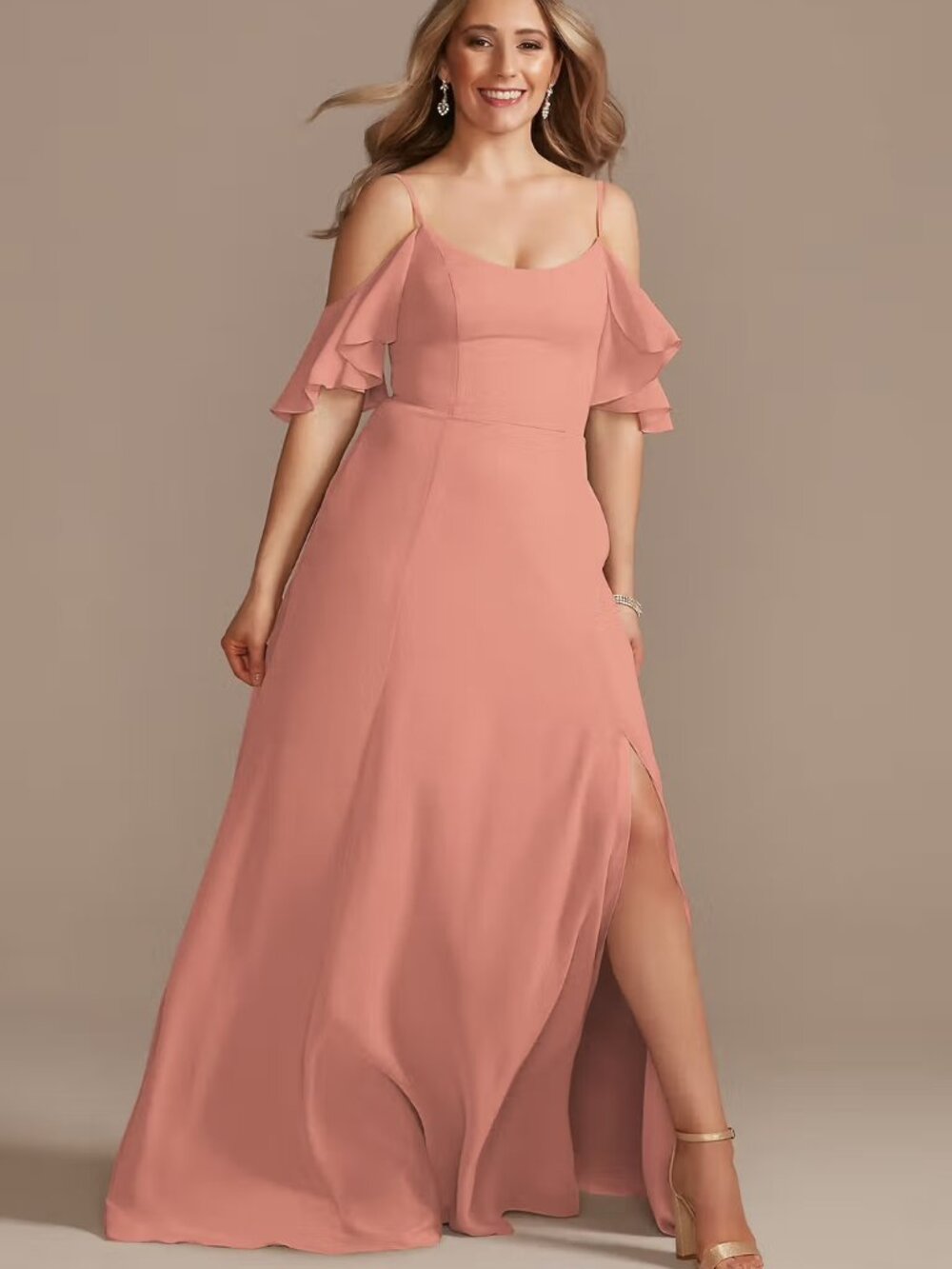 David’s Bridal Cold-Shoulder Long Chiffon Dress (Style F20365)
